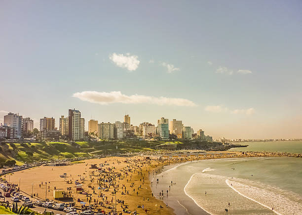 Aerial view of crowded beach in the city of Mar del Plata, the most famous watering place in the atlantic coast of Argentina, south america.